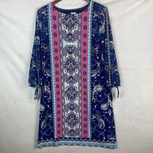 Women Chicos Medallion Sheath Short Dress Liquid Knit Size 2 (12) 3/4 Tie Sleeve